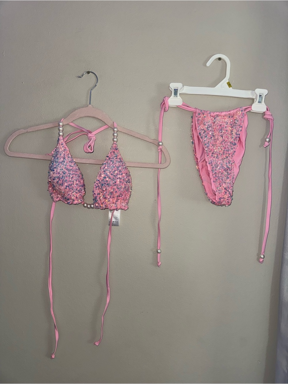 SHEIN Pink Sequin Beaded Tie Bikini